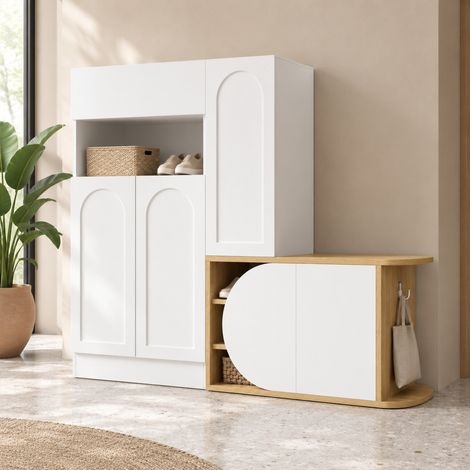 Zapatero 130x35x110,5 cm de MDF blanco y madera con almacenaje para recibidor -FLORAGRACE (1/5)