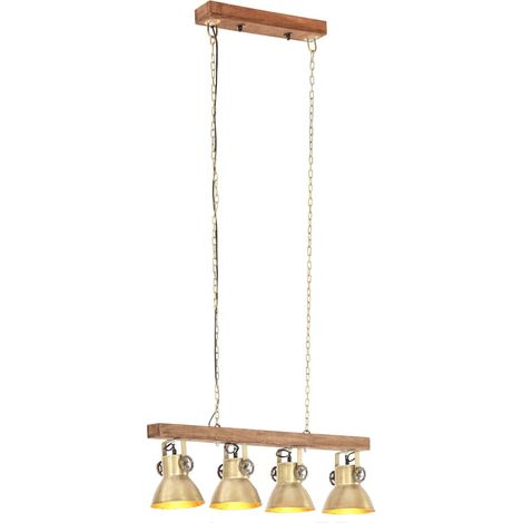 Plafonnier Industriel 4 Abat-Jour Fer et Bois de Manguier Laiton et Marron 90 x 17 x 25 cm (1/5)