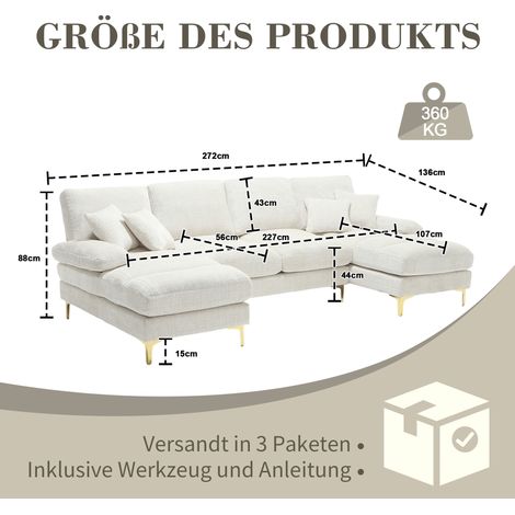 Grand canapé sectionnel U en chenille avec doubles sièges inclinables. Pour salon,chambre,bureau,appartement et villa.-Tc