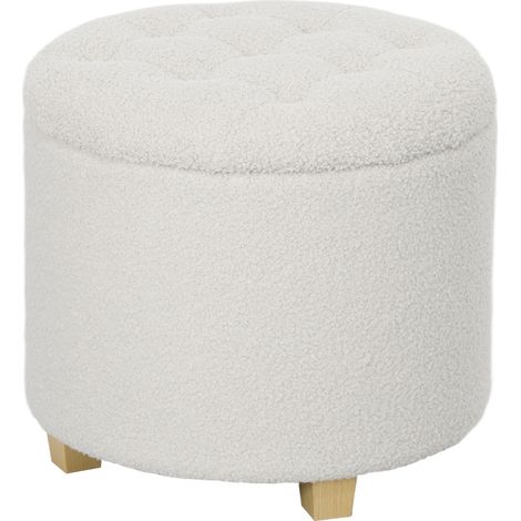Pouf coffre de rangement rond avec couvercle repose-pieds pieds en bois blanc moderne