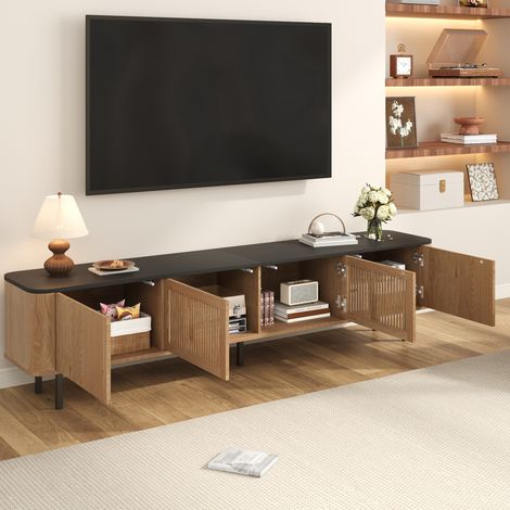 Meuble TV 190x35x45 cm chêne en MDF et panneaux de particules avec portes grillagées et grand rangement (1/5)