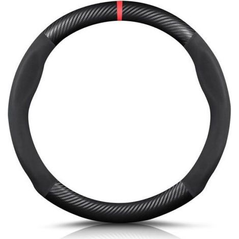Housse de volant ronde en fibre de carbone et cuir synthétique microfibre, antidérapante et respirante - Noir et rouge (1/4)