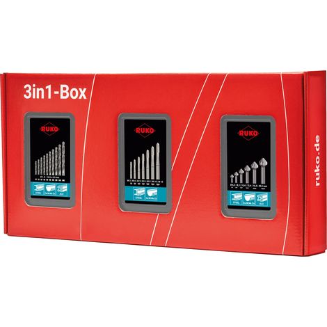 Ruko 3in1-Box HSS: 1x Spiralbohrer-Satz - 19 tlg. 1x Maschinengewindebohrer-Satz 7 tlg. 1x Kegelsenker-Satz 6 tlg. (1/4)