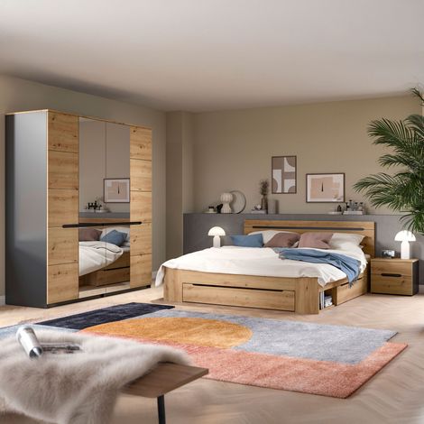 Ensemble lit 184x205x87 + 2 chevets + armoire à miroir naturel - KANUT