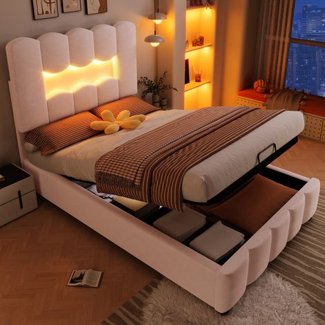 Lit coffre en velours rose 90x200 cm avec LED, tête de lit réglable et rangement hydraulique (1/5)
