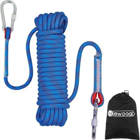 Climbing Rope 15m,8mm , High Strength Accessory Cord Rope with 2 Steel Hooks, for Outdoor Rescue Rappelling Rope Down Cliffs ledges Safety Escape Tow Strap Equipment(Blue) (1/4)
