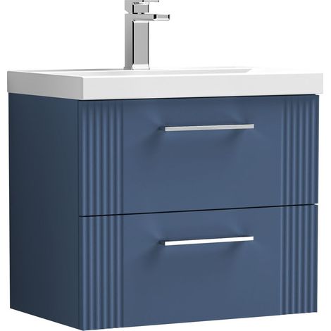 Belvide Partial Fluted 2 Drawer Wall Hung Vanity Unit with 1 Tap Hole Thin-Edge Basin- 600mm - Satin Blue