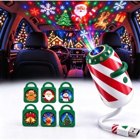 Projecteur de Noël Merry Ride pour voiture – Lampe LED USB HD, plug and play, 6 diapositives interchangeables, 6 motifs (1/5)