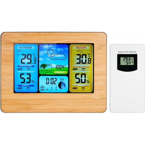 Station météo sans fil FanJu, thermomètre, hygromètre, baromètre, écran LCD couleur, réveil, alarme, snooze, phases lunaires, USB/piles (1/5)