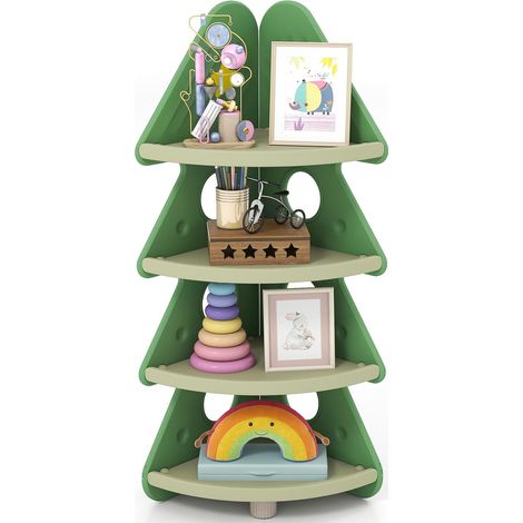 COSTWAY Bibliothèque Enfant d'angle en Forme de Sapin de Noël, Étagère à Livre Enfant en HDPE à 4 Niveaux avec Garde-Corps Anti-Chute, pour Chambre d'enfants, Crèche, Salle de Jeux, 44x44x123,5cm (1/5)