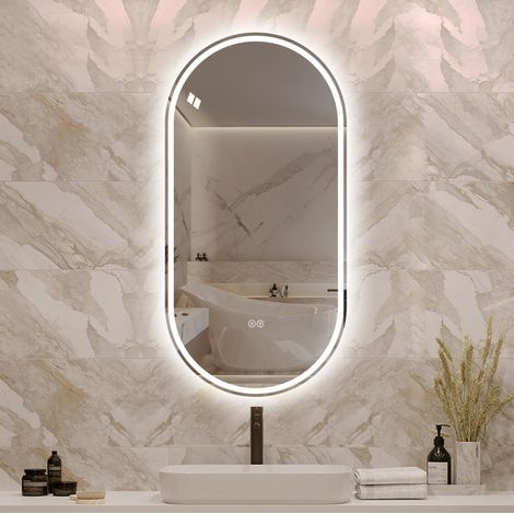 Specchio da parete ovale 60x120 cm con illuminazione LED e antiappannamento, in vetro e metallo, argentato (1/5)