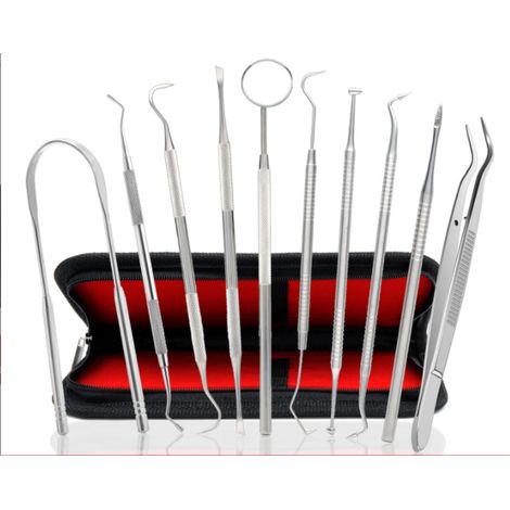Kit d'hygiène dentaire professionnel 10 outils pour le détartrage et le nettoyage des dents, en acier inoxydable, comprenant un gratte-plaque métallique, un détartreur, un cure-dents et un gratte-lang (1/5)
