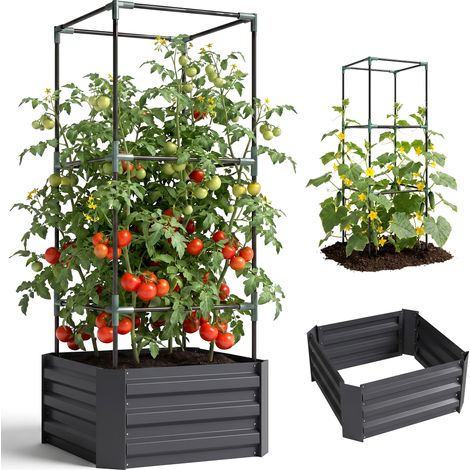 Jardinière surélevée avec treillis, bac à plantes grimpantes, fond ouvert, résistante aux intempéries, 61 cm x 61 cm x 140 cm, gris foncé (1/5)
