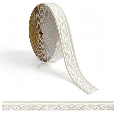 Frise autocollante blanche - 10 m x 8 cm x 5 mm - Bordure de papier peint 3D pour plafond - Découpe - Moulures en stuc, murs pour couloirs, plafonds, coins, décoration (1/5)