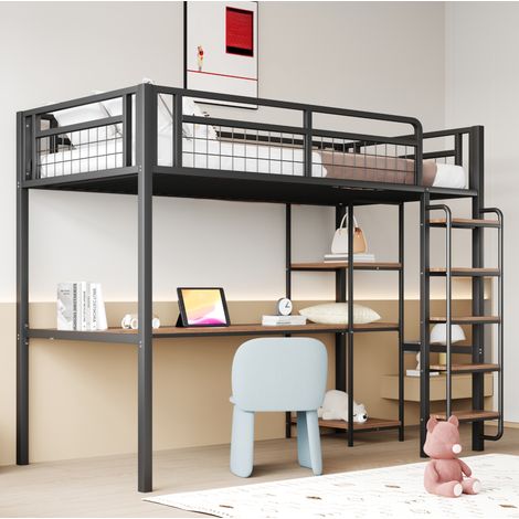 MEUBLIV Lit mezzanine 90x200 cm noir – avec bureau et étagères, sans matelas (1/5)