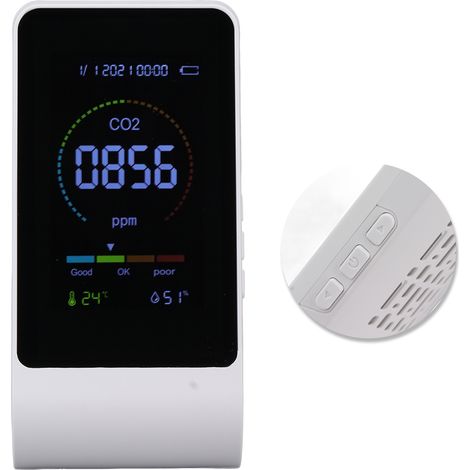 Moniteur de CO2 - Détection du dioxyde de carbone - Moniteur de qualité de l'air intérieur - Détection de la température et de l'humidité - Blanc