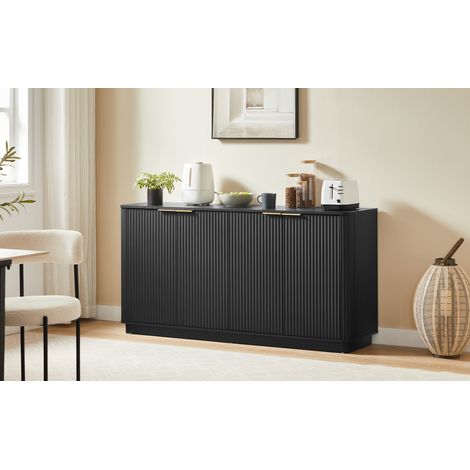Sideboard aus MDF in Schwarz, 160x40x80 cm, 4 Türen, Wellenfront mit vertikaler Holzoptik (1/5)