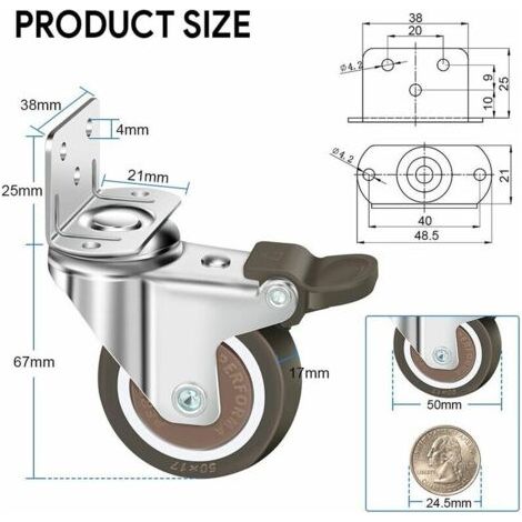 Satz mit 4 Lenkrollen 50 mm, 100 kg Möbelrollen, Typ L Möbelrad mit Bremse, 360° Drehung, für den Innen- und Außenbereich (2 Rollen mit Bremse, 2 Rollen ohne Bremse) (1/4)