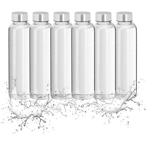 Relaxdays Glass Water Bottle Set of 6, with Fabric Holder, 500 ml, Dishwasher-Safe, Water-Resistant, Transparent/Black