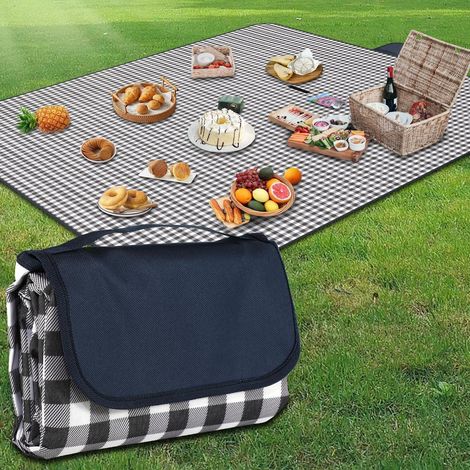 Couverture de pique-nique XL 300x200cm imperméable et portable, motif carreaux bleus (1/5)