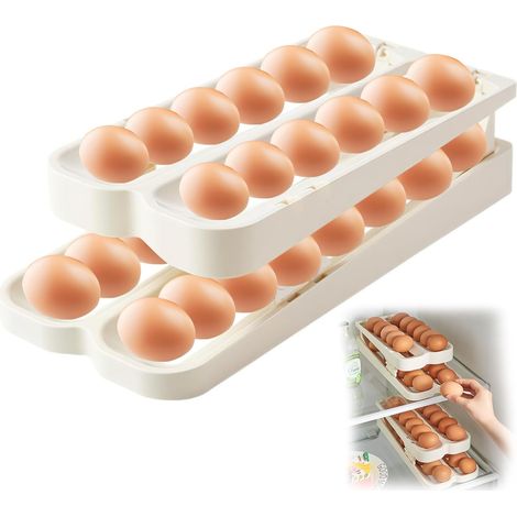 Bandeja para huevos para el refrigerador – 2 niveles – Bandeja para huevos autoenrollable – Organizador de huevos apilable para almacenar huevos – Ahorro de espacio (2 filas y 2 niveles) (1/5)