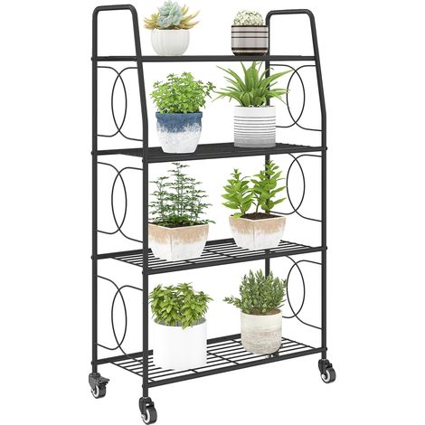 Support à plantes en métal à quatre niveaux avec roulettes, adapté à une utilisation intérieure et extérieure, 67 x 29 x 114 cm, noir. (1/5)