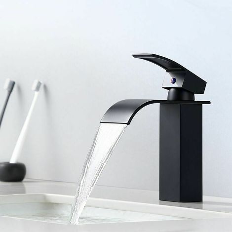 Robinet Lavabo Cascade - Laiton - Finition Noir Mat - Hauteur Bec 183 mm - Robinet Salle De Bain À Levier Unique - Pour Vasque À Poser Ou Encastrée - 1 Pièce