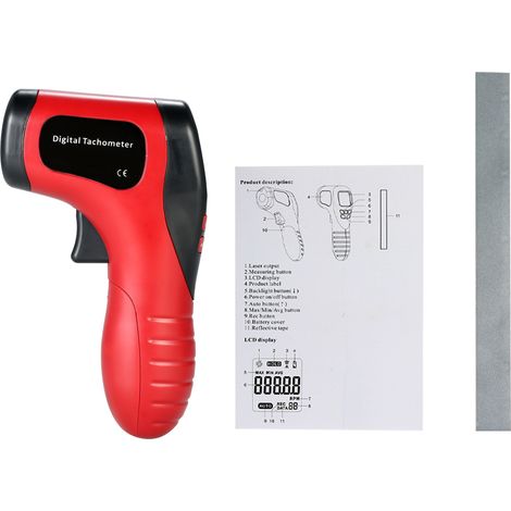Tachymètre numérique portable LCD à affichage laser sans contact, plage de mesure 2,5-99 999 tr/min, avec 1 ruban réfléchissant. (1/5)