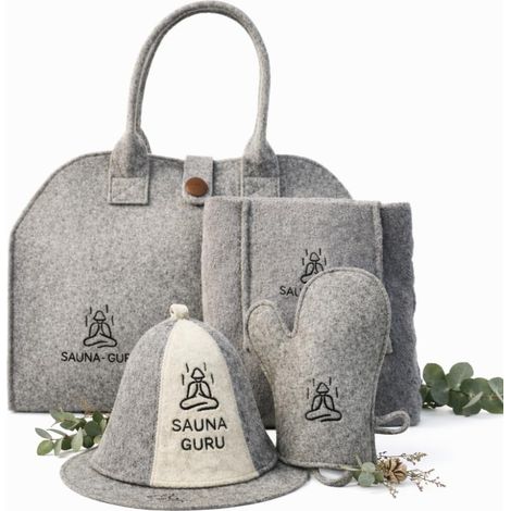 Kit d'accessoires de sauna - Chapeau banja en laine, serviette kilt, sac de rangement, gant en feutre et coussin d'assise - Pour saunas finlandais, russe, vapeur, sec et extérieur - Coffret cadeau (1/5)