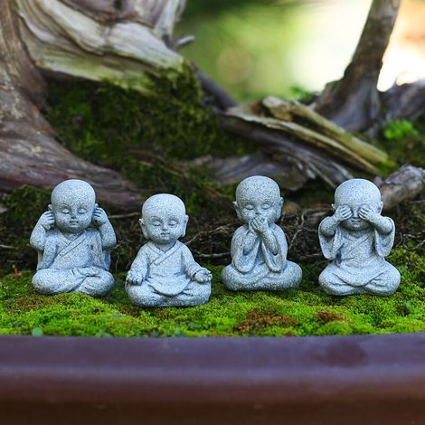 Mini Statue de Bouddha Aquarium Decoration Zen GrèS Petite Moine Figurines DéCor 4 Pcs,Gris (1/5)