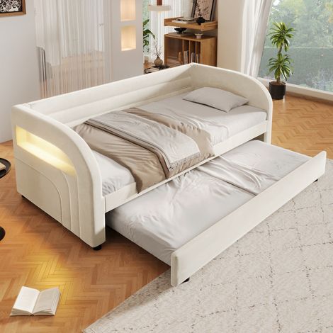 Lit plateforme rembourré 90x200 cm avec LED, canapé-lit 1 personne avec éclairage LED, lit coffre avec hydraulique, beige (1/5)