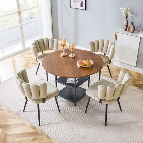 Set tavolo da pranzo 107x107x75 cm con 4 sedie, doppio ripiano, schienale a fiore, MDF metallo tessuto, noce e caffè chiaro (1/5)
