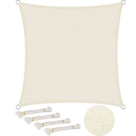Voile d'ombrage carré 3x3 m imperméable polyester - 93% UV, beige, coins renforcés Crème (1/5)