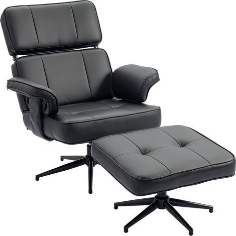 Fauteuil inclinable modulable avec pouf repose-pieds revêtement simili-cuir appui-tête ajustable base métallique noir, entièrement personnalisable