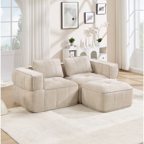 Canapé d'angle modulable 198x162x67 cm en polyester beige, gain de place pour salon FloraGrace (1/5)