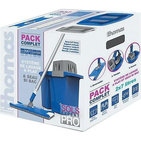 Kit lave sol a plat avec seau double bac 2x7L – Essoreur vertical – Frange microfibre – Manche 3 sections – Brosserie Thomas (1/3)