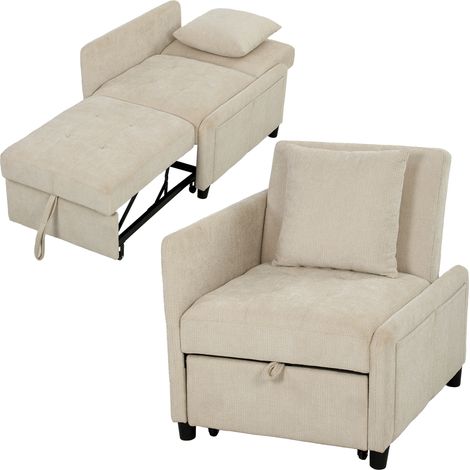 Fauteuil-Lit Clic-Clac 1 Place Beige, Convertible 4-en-1 en Chenille, Dossier Inclinable, Assise Confortable (1/5)