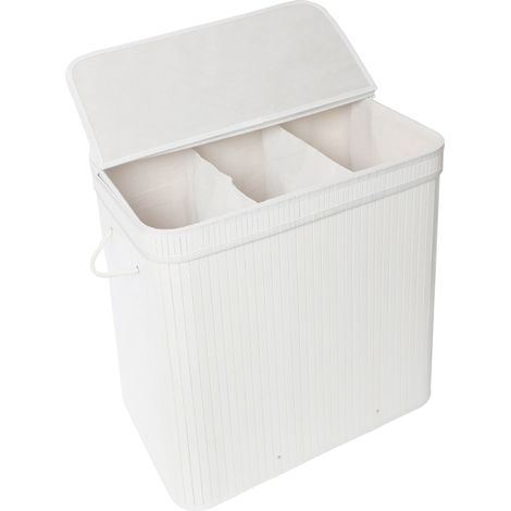 Relaxdays Cesto portabiancheria con coperchio, bambù, 150 l, 3 scomparti, HxLxP: 61,5x61x41,5 cm, bagno, bianco