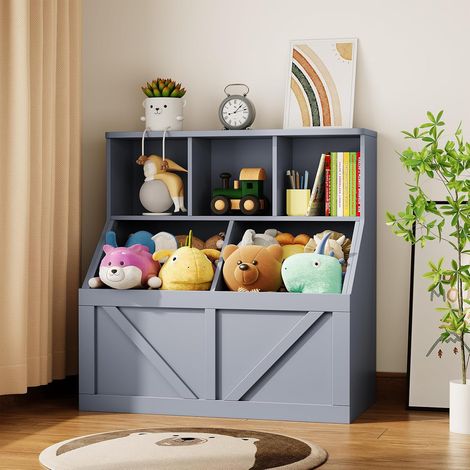 Meuble rangement jouets gris pour tout-petits, bibliothèque avec armoire et casiers, salle de jeux et crèche (1/5)