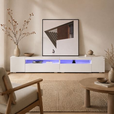 Mueble TV 240x38,5x35,5 cm blanco MDF - con iluminación LED y panel largo (1/5)