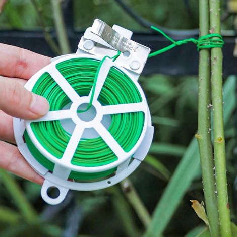Lien de jardinage 50 m – Plastifié vert anti-rouille – Coupeur intégré – Surface lisse – Réutilisable – Pour plantes, câbles USB, chargeurs, paquets – Polyvalent (1/4)