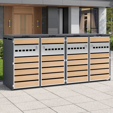 Mülltonnenbox 4 Fächer mit Klappdeckel abschließbar aus verzinktem Stahl in Holzoptik Grau für Garten Hof Terrasse
