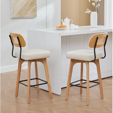 Sgabello da bar girevole, schienale in rattan, seduta imbottita in chenille beige, struttura in legno e metallo (1/5)