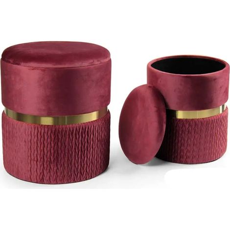 Set aus 2 eleganten poufs in bordeaux/gold Ø38x44 und Ø31x38 cm mit Stauraum