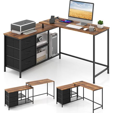 L-Shaped Computer Desk with Drawers, Shelves & Charging Station Home Office Corner Desk (1/5)