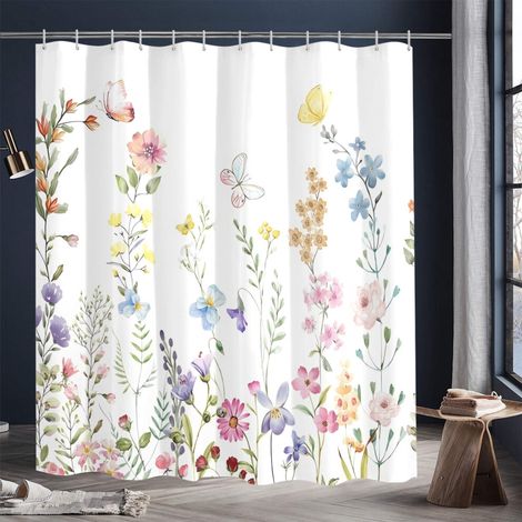 Cortina de ducha extralarga de mariposas y flores coloridas, 72x84 pulgadas, impermeable, diseño de flores silvestres, con ganchos.