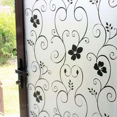 Film décoratif givré pour fenêtre Motif Fleur Noire - Non adhésif - Sans colle - Film statique anti-UV (90 cm x 200 cm)