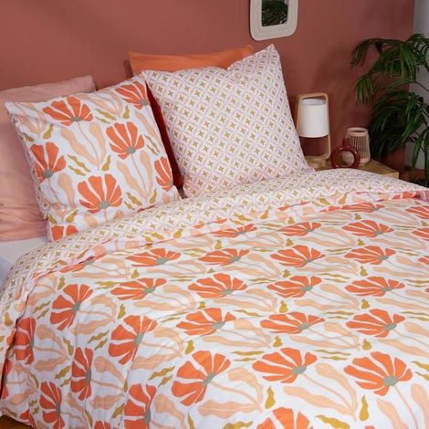 Parure de lit - CÔTÉ DÉCO - Motifs géométriques et fleuris - 220 x 240 cm - 100% coton - Rose (1/5)