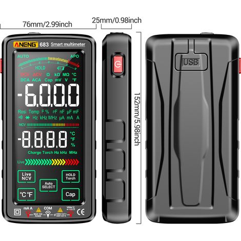 Eosnow Aneng 683 6000 zählt großer Touchscreen Digitales Multimeter Smart Anti-Burn wiederaufladbarer Universalmeter VA Reverse Display NCV-Tester mit Taschenlampe für die Spannungsstromwiderstandskap