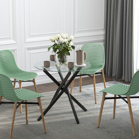 Mesa de Comedor Redonda con Encimera de Cristal Templado Transparente y Patas Cruzadas de Metal Mesa de Centro Moderna para Salón Ø80x75 cm Negro (1/5)